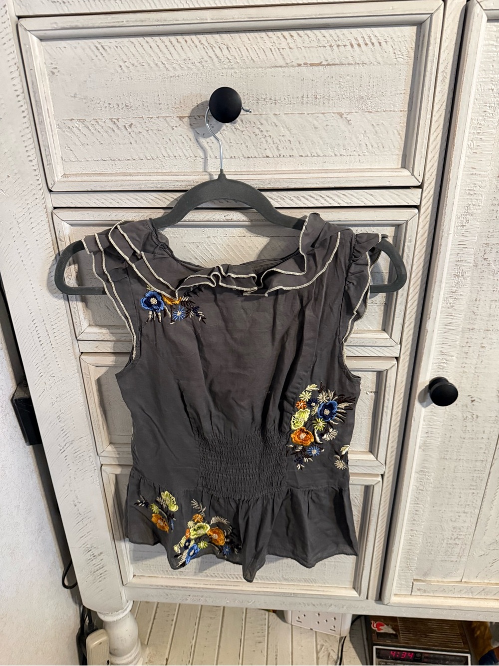 Gray Floral Embroidered Ruffled Sleeveless Blouse